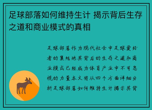 足球部落如何维持生计 揭示背后生存之道和商业模式的真相