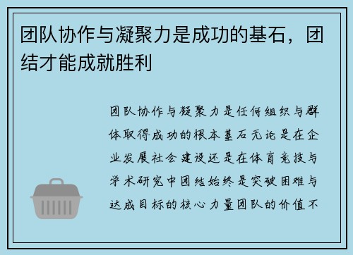 团队协作与凝聚力是成功的基石，团结才能成就胜利